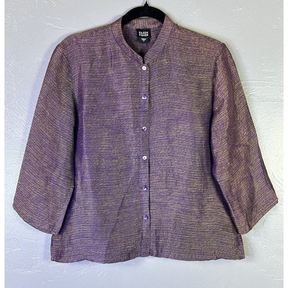 Eileen Fisher purple & gold textured button-front shirt Silk Linen S Classic